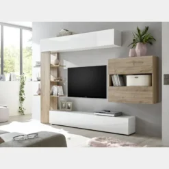 Parete attrezzata 295x187 moderna a terra con libreria e pensile sospeso bianco e rovere PAL5