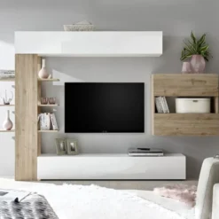 Parete attrezzata 295x187 moderna a terra con libreria e pensile sospeso bianco e rovere PAL5
