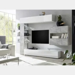 Parete attrezzata 295x187 moderna a terra con libreria e pensile sospeso bianco e cemento PAL5