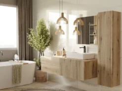 Pensile bagno sospeso 31x135 cm con anta battente rovere antico PBT4