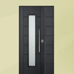 Porta blindata da esterno a due ante con vetro grigio e laminato diversi colori 90+30x210 PB344