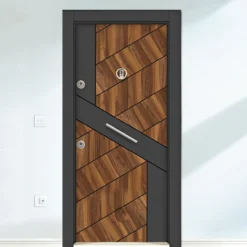 Porta blindata d’ingresso 90x200 marrone con dettagli neri PL60