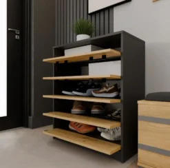 Scarpiera grande 74x84,5 cm con 5 ante a ribalta rovere e antracite SCAT8