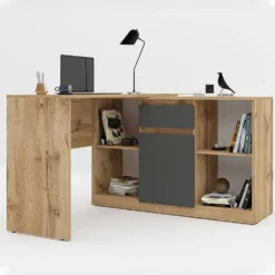 Scrivania ad angolo con anta e cassetto in rovere e antracite SCG4