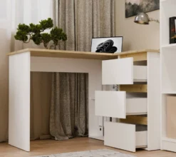 Scrivania angolare con 3 cassetti bianco e rovere SCT20