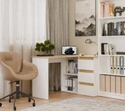 Scrivania angolare con 3 cassetti bianco e rovere SCT20