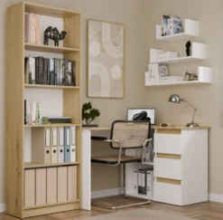 Scrivania angolare con 3 cassetti bianco e rovere SCT20
