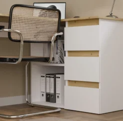 Scrivania angolare con 3 cassetti bianco e rovere SCT20
