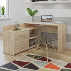 Scrivania angolare moderna con 3 cassetti rovere chiaro SCT7