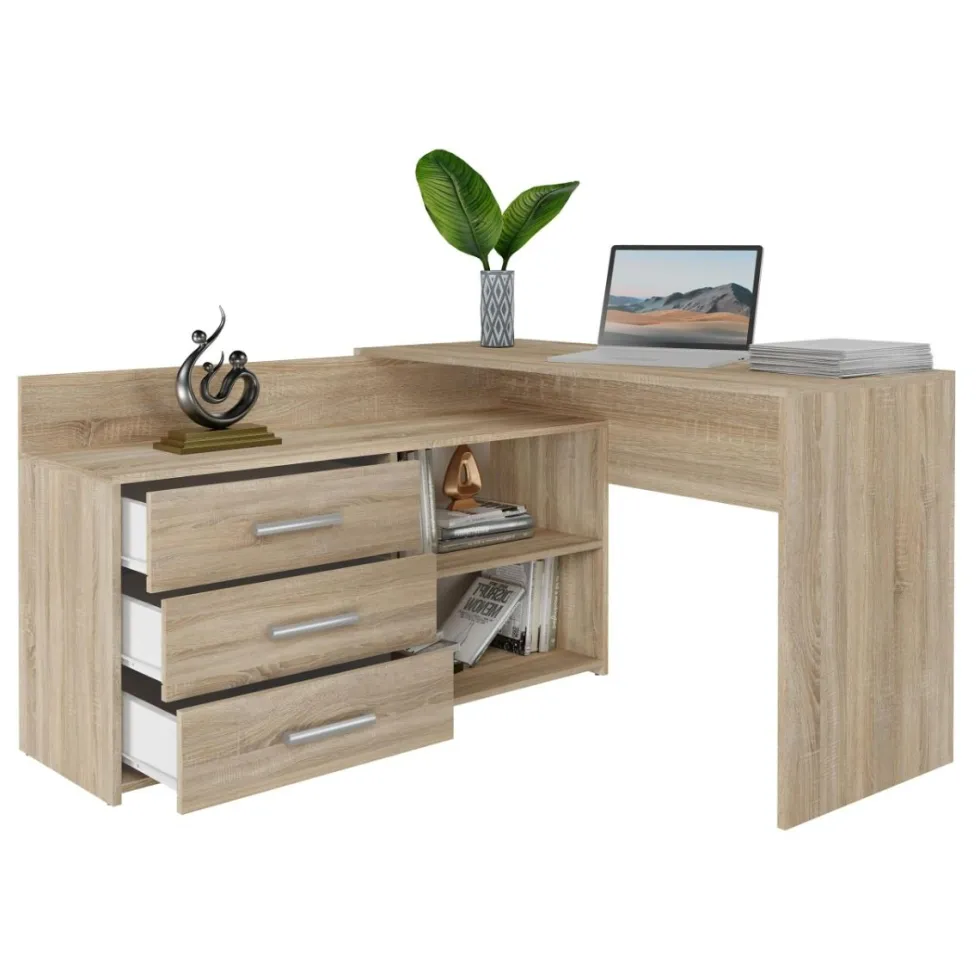 Scrivania angolare moderna con 3 cassetti rovere chiaro SCT7