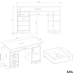 Scrivania moderna 125x75 cm con 4 cassetti e anta bianco e antracite SCT9