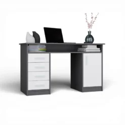 Scrivania moderna 125x75 cm con 4 cassetti e anta bianco e antracite SCT9