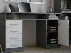 Scrivania moderna 125x75 cm con 4 cassetti e anta bianco e antracite SCT9