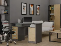Scrivania moderna 125x75 cm con 4 cassetti e anta rovere e antracite SCT9