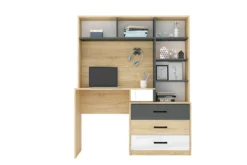Scrivania per cameretta con libreria in rovere chiaro, bianco lucido e grigio antracite SCG7