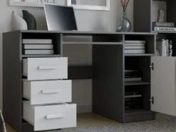 Scrivania salvaspazio 120x75 cm con ante e cassetti bianco e antracite SCT10