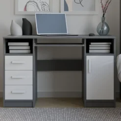 Scrivania salvaspazio 120x75 cm con ante e cassetti bianco e antracite SCT10