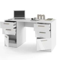 Scrivania 138x75 cm bianco opaco/ bianco lucido con 2 ante e 4 cassetti SCI26
