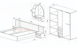Set di mobili per camera matrimoniale con letto contenitore 160x200, LED, Grafite e Rovere CDLU41