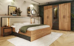 Set di mobili per camera matrimoniale con letto contenitore 160x200, LED, Grafite e Rovere CDLU41