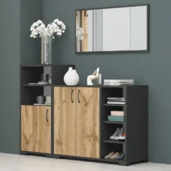 Set di mobili per ingresso con specchio in rovere e grigio IG23