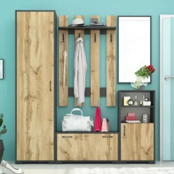 Set mobile ingresso con appendiabiti e specchio in rovere e grigio IG21
