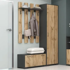 Set mobile ingresso salvaspazio con appendiabiti e scarpiera in rovere e grigio IG22