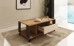 Tavolino da salotto con cassetto, 110x53,5x60 cm in rovere, grafite e beige TU7