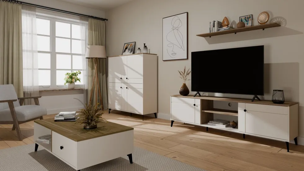 Tavolino da salotto design moderno 110x60x37 beige e rovere TST15