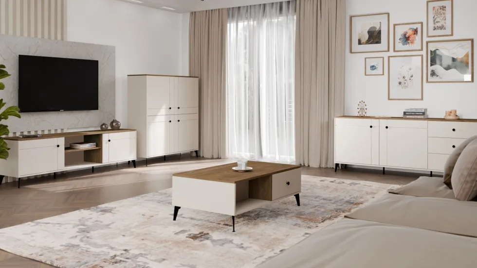 Tavolino da salotto design moderno 110x60x37 beige e rovere TST15