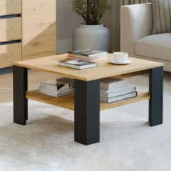 Tavolino da salotto moderno basso 68x68x40 rovere e nero TST17