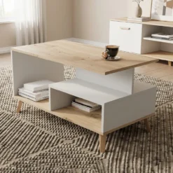 Tavolino da salotto moderno 90x48 cm bianco e rovere TST18