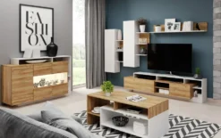 Tavolino da soggiorno moderno 120x53cm bianco e rovere naturale TLK3