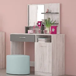 Toeletta moderna con specchio e mensoline in rovere bianco e antracite CG43