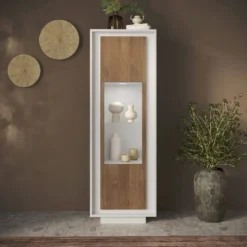 Vetrina moderna per soggiorno 67x197 cm bianco opaco e rovere scuro VL10