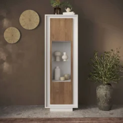 Vetrina moderna per soggiorno 67x197 cm bianco opaco e rovere scuro VL10