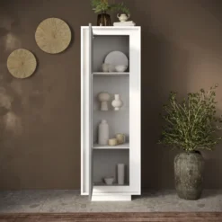 Vetrina moderna per soggiorno 67x197 cm bianco opaco e cemento VL10