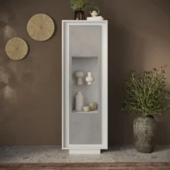 Vetrina moderna per soggiorno 67x197 cm bianco opaco e cemento VL10