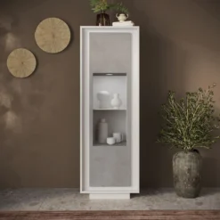 Vetrina moderna per soggiorno 67x197 cm bianco opaco e cemento VL10